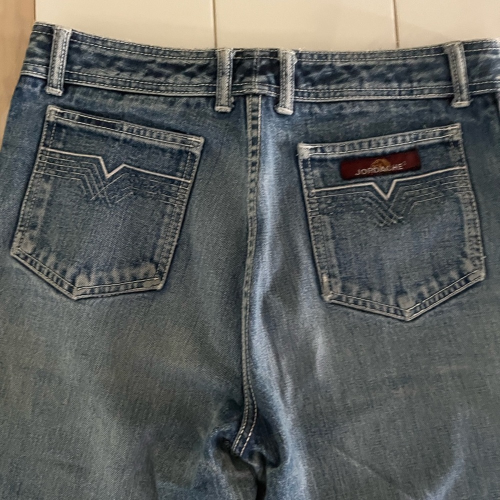 Jordache Jeans Blue white stitching Horse Denim Straight Whisker 80s rigid denim